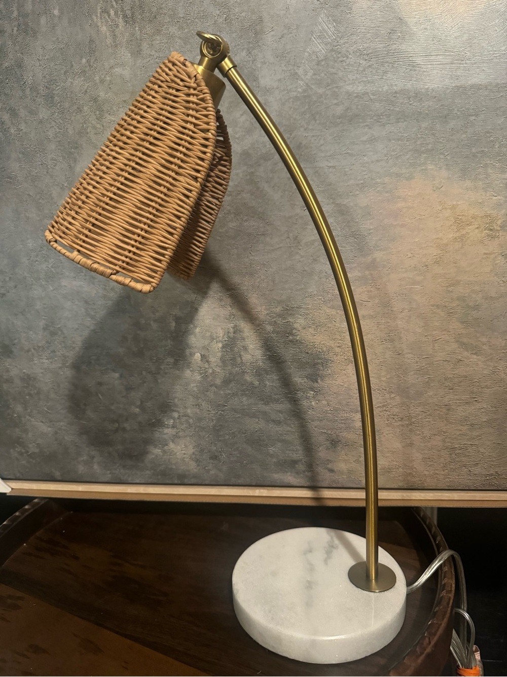 Rattan Shade Desk Lamp with Brass Stem and Marble Base - Natural/Tan